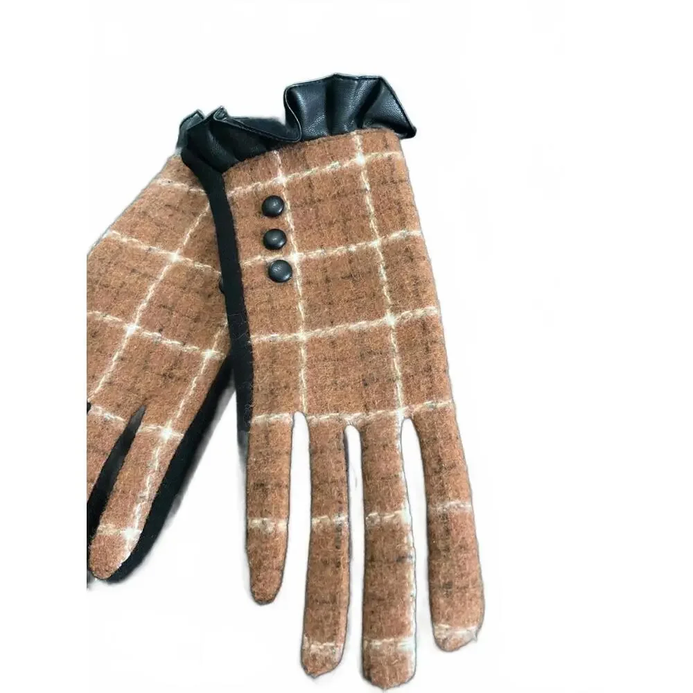 Cozy Brown Plaid Gloves with Black Trim and Button Detail